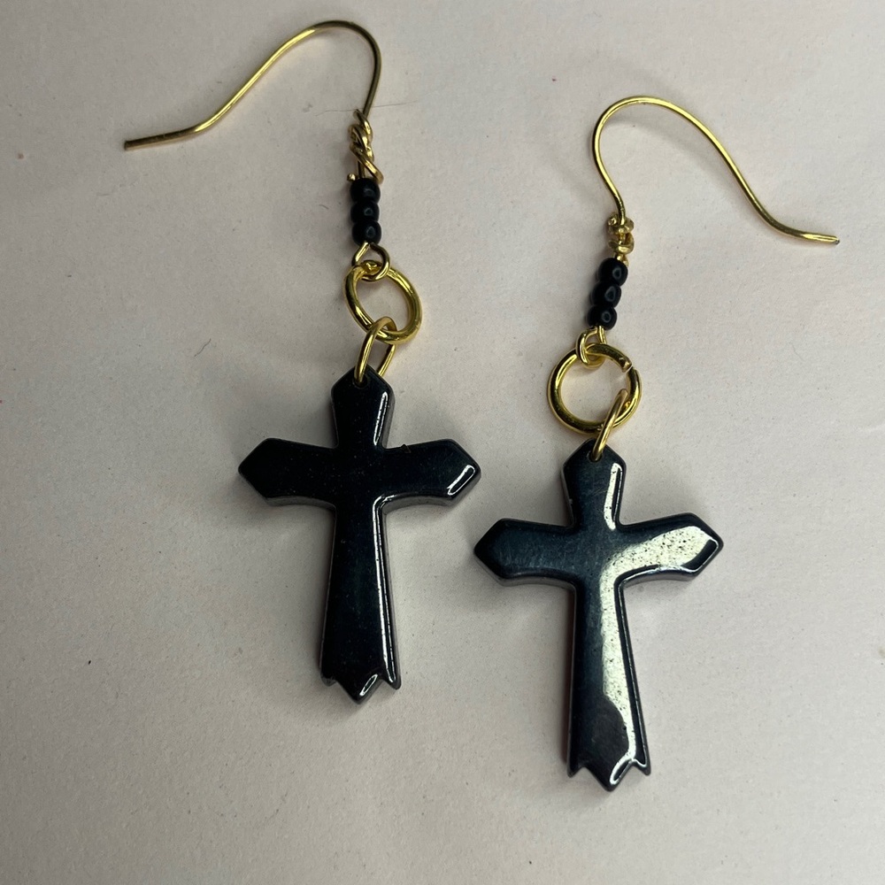 Handmade Long Dangle Black Obsidian Crystal Cross Earrings Slip On Wire Hook